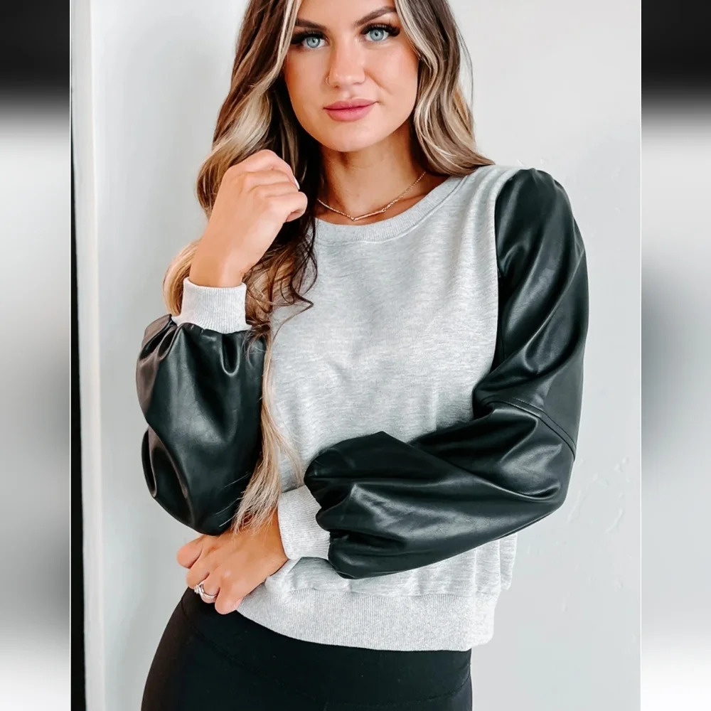 NWT Gray Sweater With Faux Leather Sleeves XL